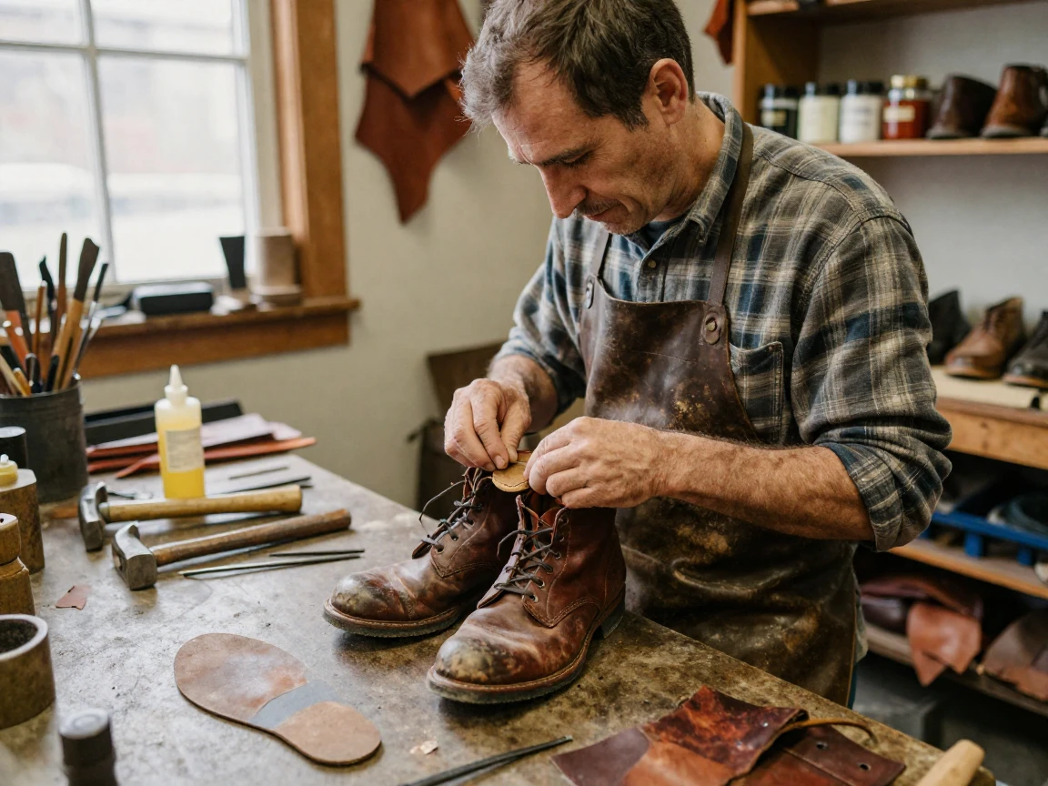 A cobbler resoles a well-worn pair of leather boots at his workbench.