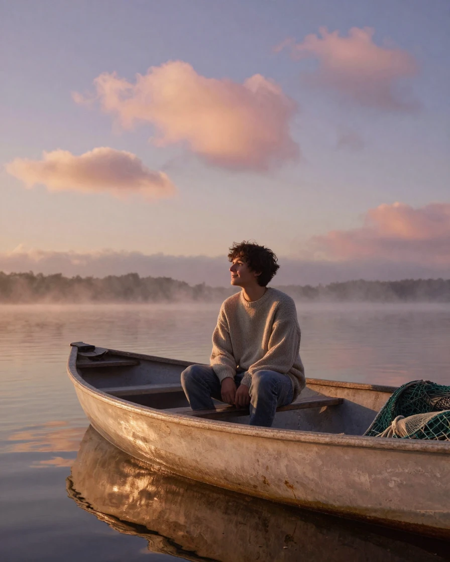 A teenage poet watching the clouds drift slowly by on a small fishing boat at dawn, a gentle smile crossing their face