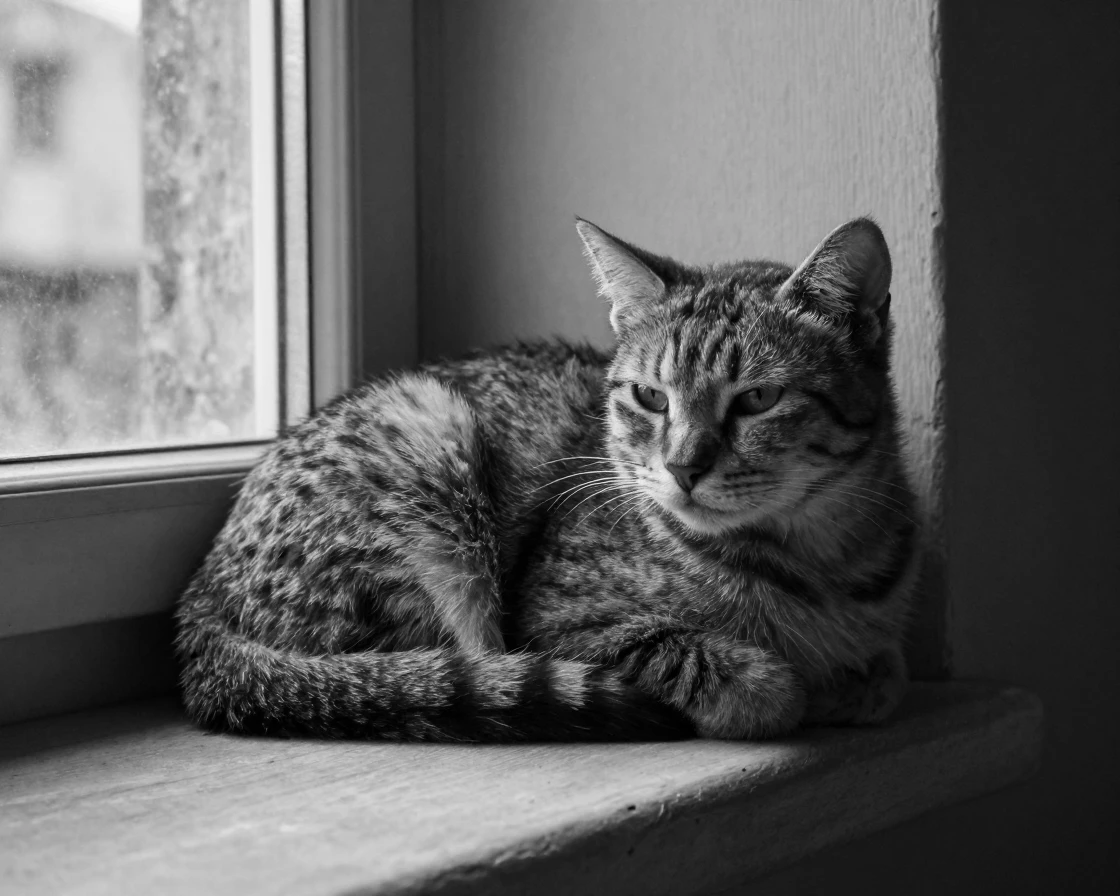 A stray cat finds a warm spot on a windowsill on a sunlit windowsill.