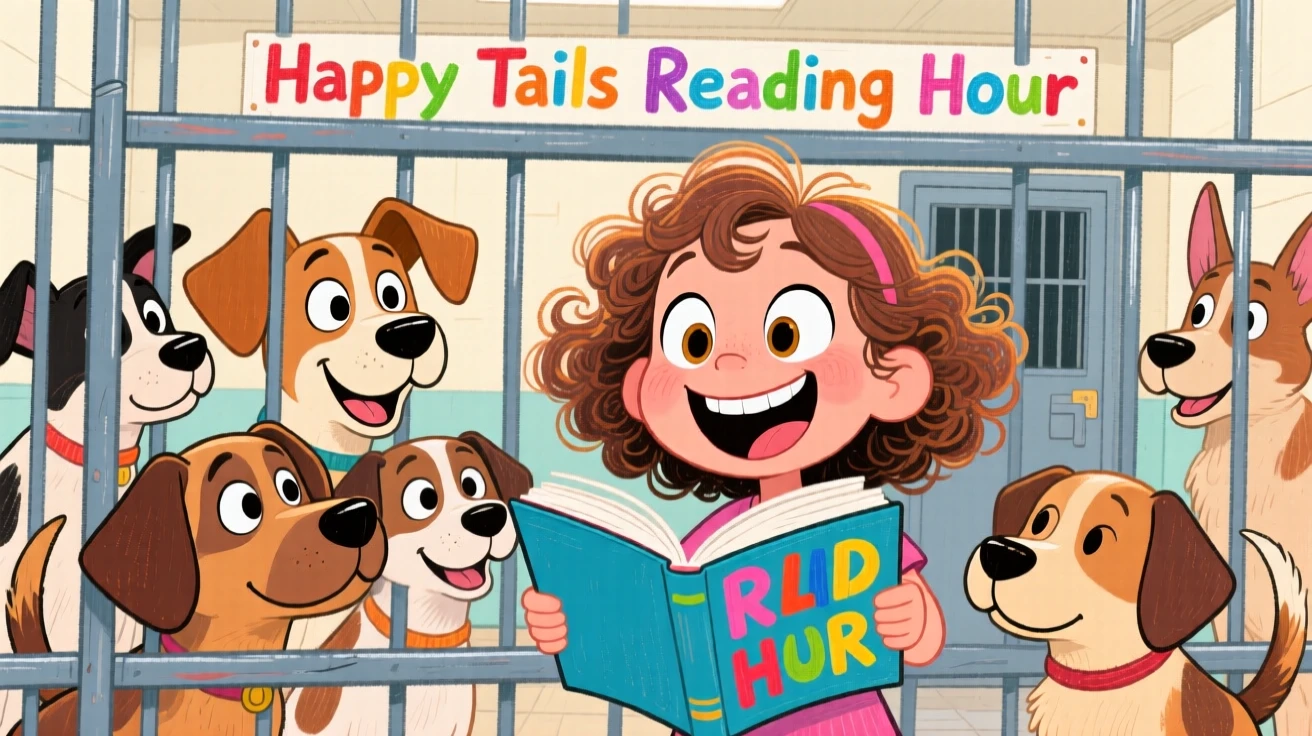 A little girl reading to a group of shelter dogs through their kennel bars.