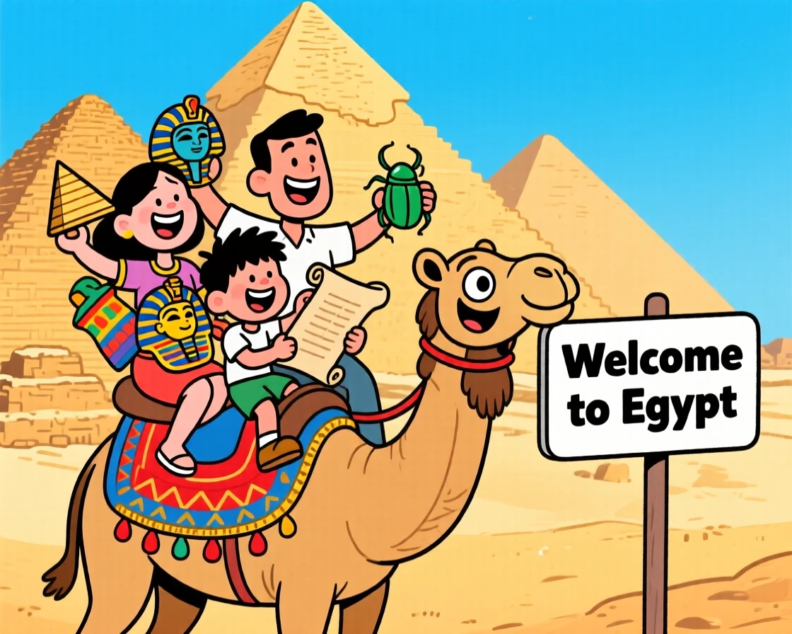 An iconic travel scene featuring a family on vacation riding a camel past the pyramids of Egypt, with souvenirs already piling up in their arms.