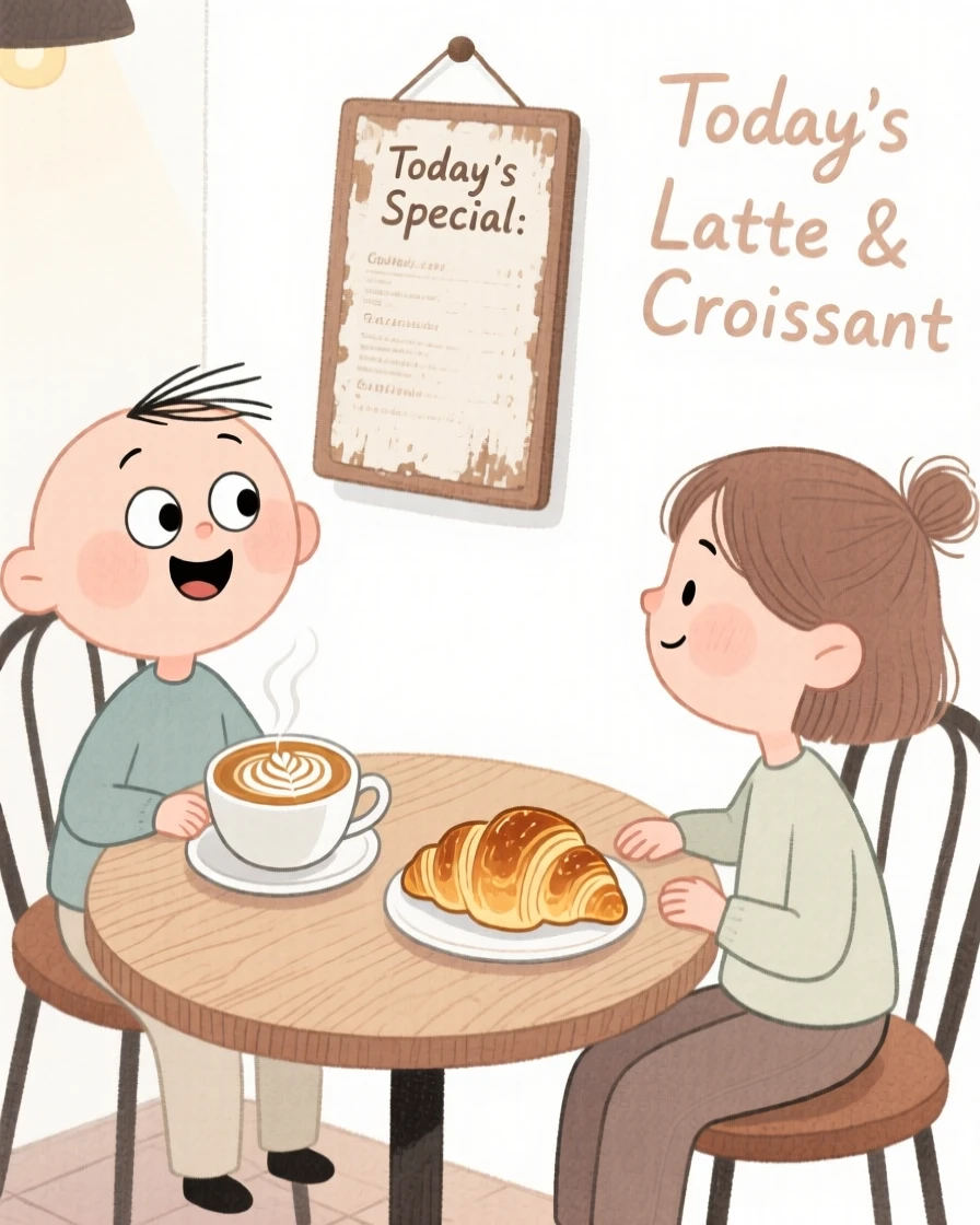 A cozy, appetizing, warm and inviting scene of a cozy café corner with a latte and a croissant on a wooden table