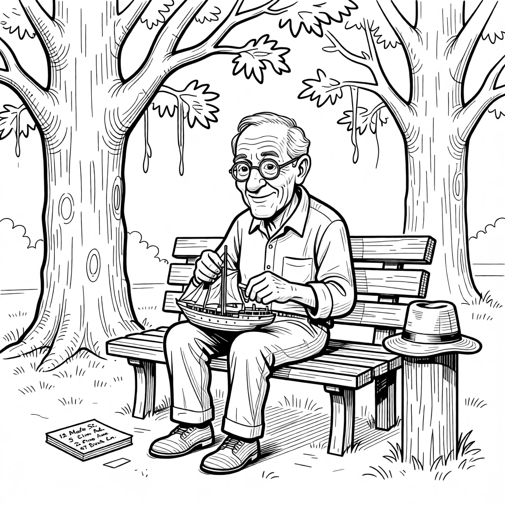 A grandfather building an elaborate model ship, recalling old addresses with surprising accuracy, set on a park bench beneath old oak trees. A weathered hat rests on a nearby post. The scene radiates hard-won wisdom shared with love.