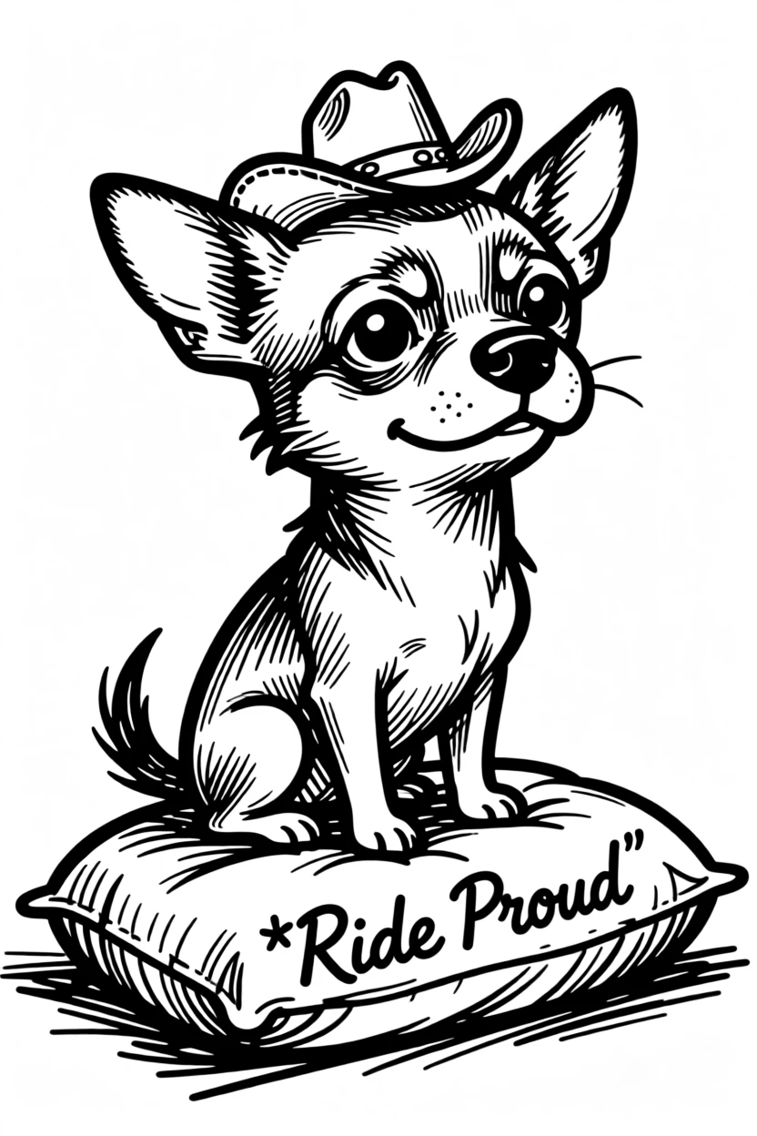 A chihuahua wearing a tiny cowboy hat, sitting proudly on a saddle-shaped cushion.