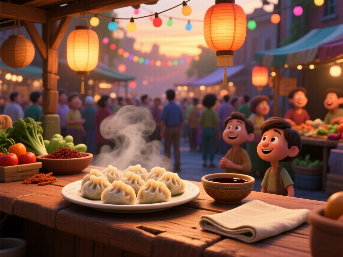 A plate of dumplings with dipping sauce sits at a bustling street food market stall, next to a folded linen napkin. A comforting, homey feeling fills the moment.
