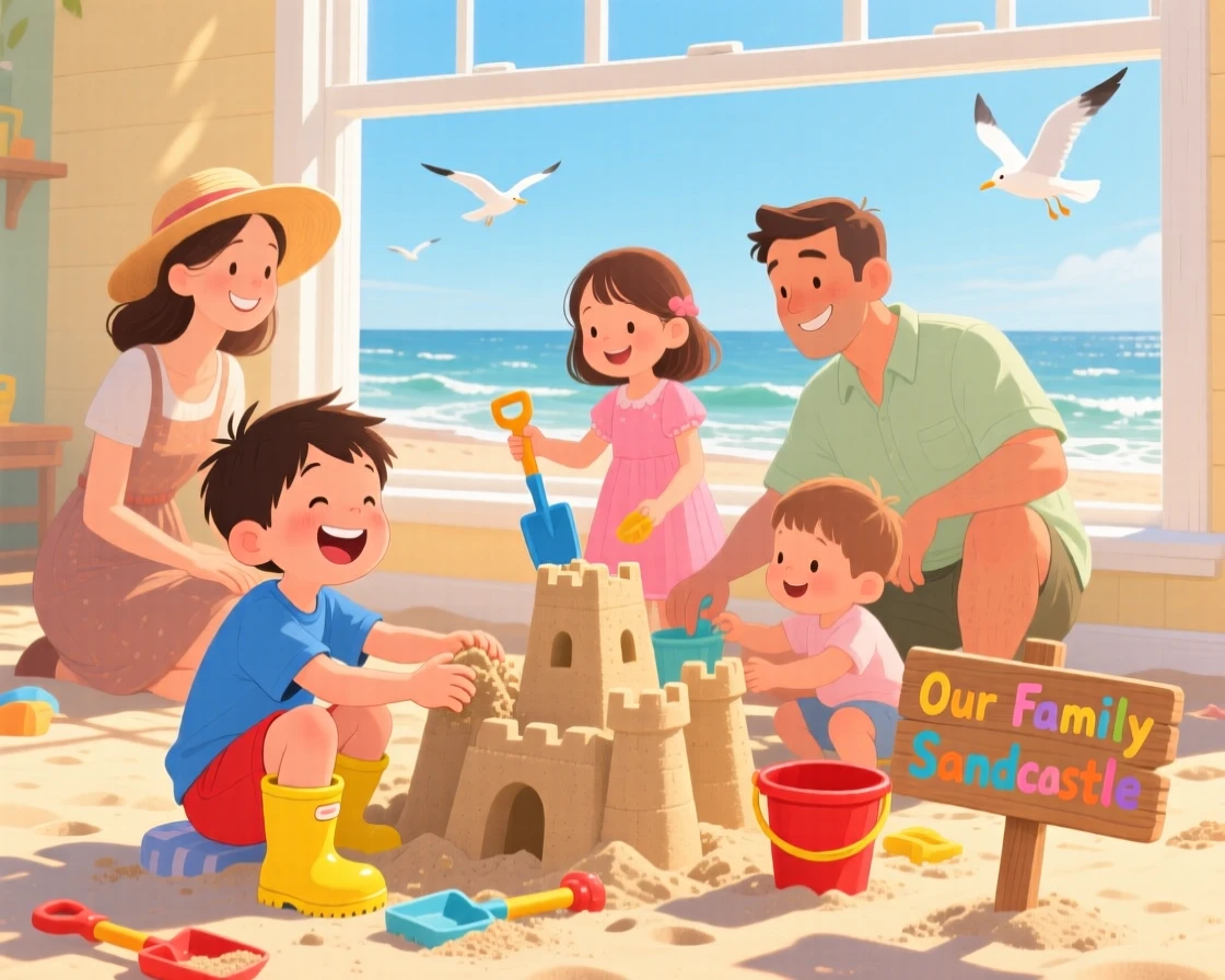 A boy in rain boots laughs while building a sandcastle at the beach together with their whole family, as golden afternoon light streams through the window.