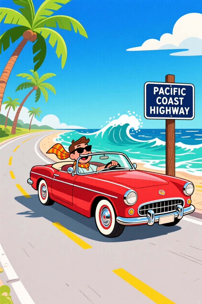 A classic convertible cruising along a palm-lined coastal road.