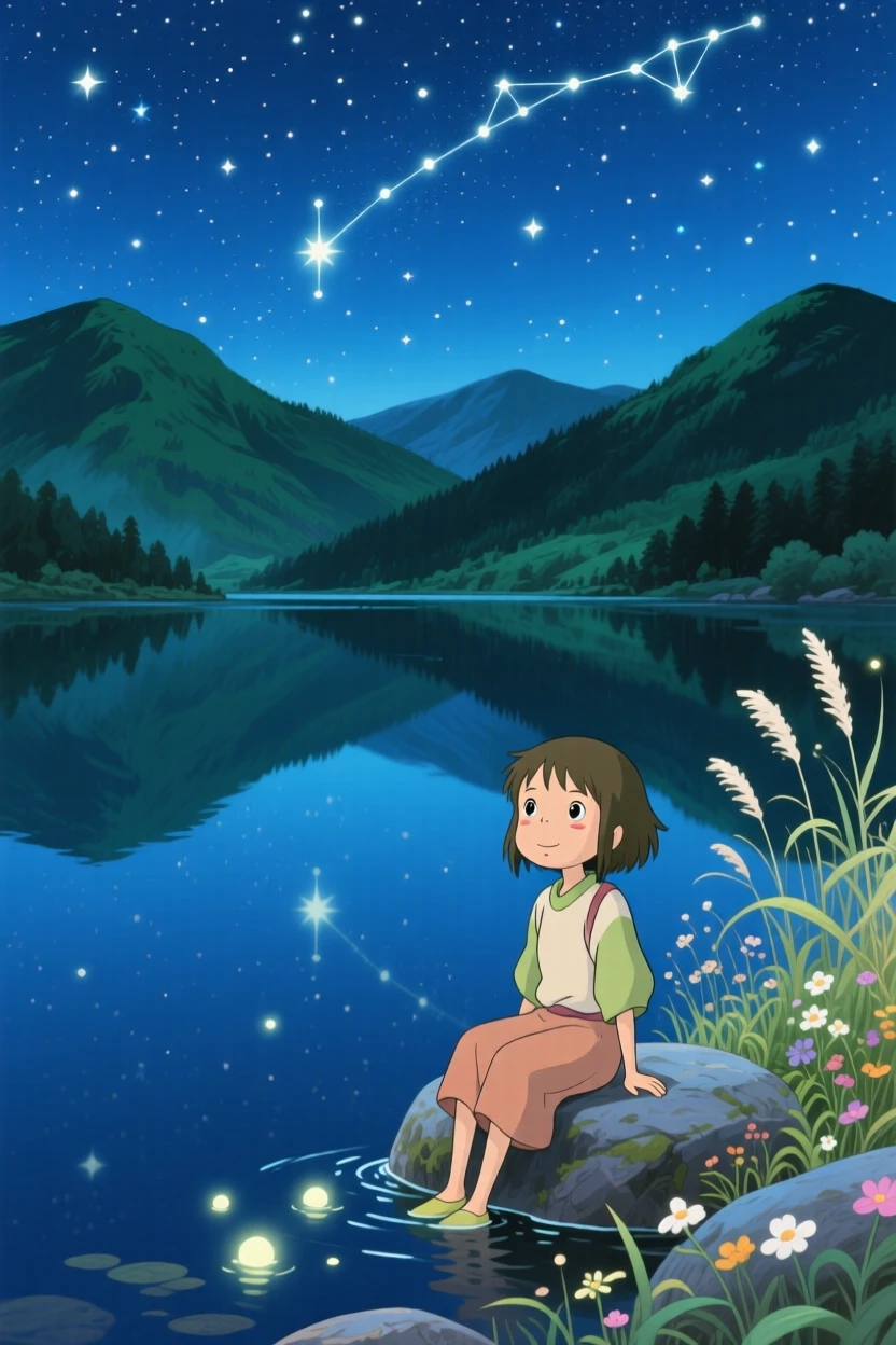 A nighttime scene of a starry sky reflected in a still mountain lake, hushed and magical.