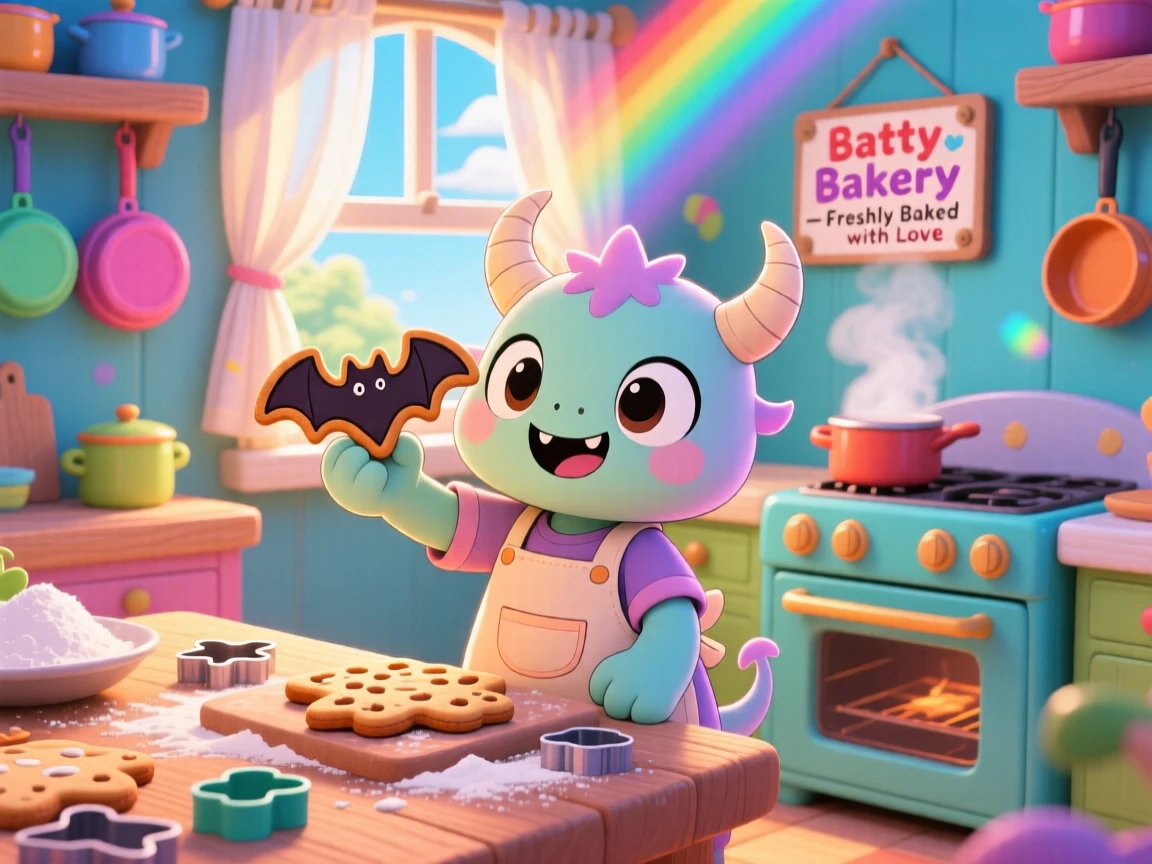 A tiny horned monster baking cookies shaped like bats, framed as a full-body shot within a cheerful monster kitchen, during a light summer breeze, glowing under bright rainbow-tinted light, evoking proud determination.