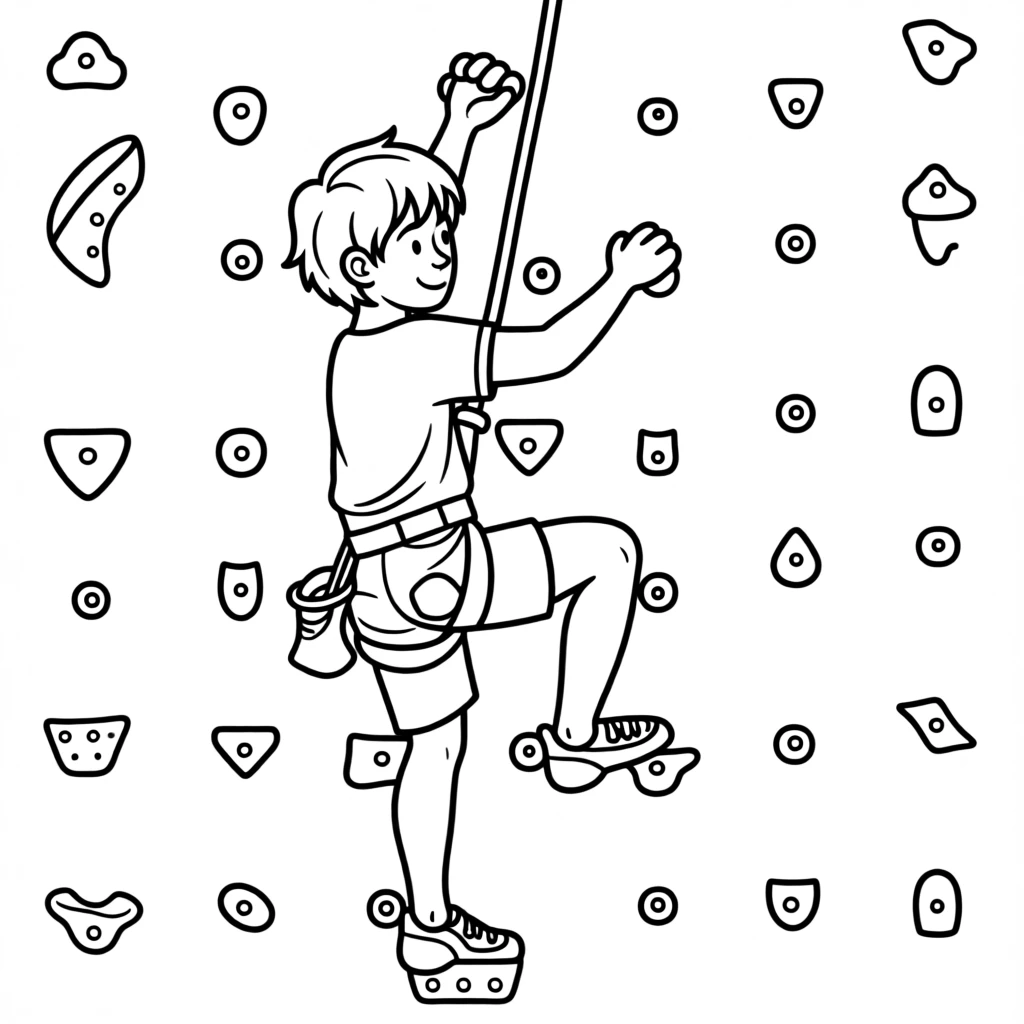 A young rock climber scaling a colorful climbing wall