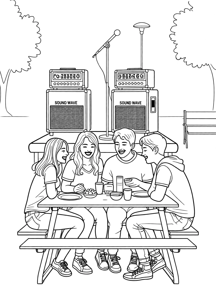 A group of friends laughing together at a lunch table, with amplifiers stacked in the background.