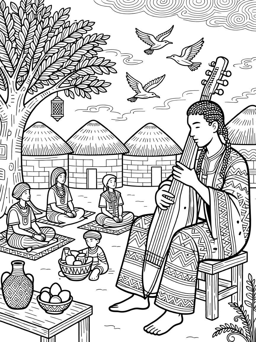 A griot playing a stringed instrument beside a village gathering.