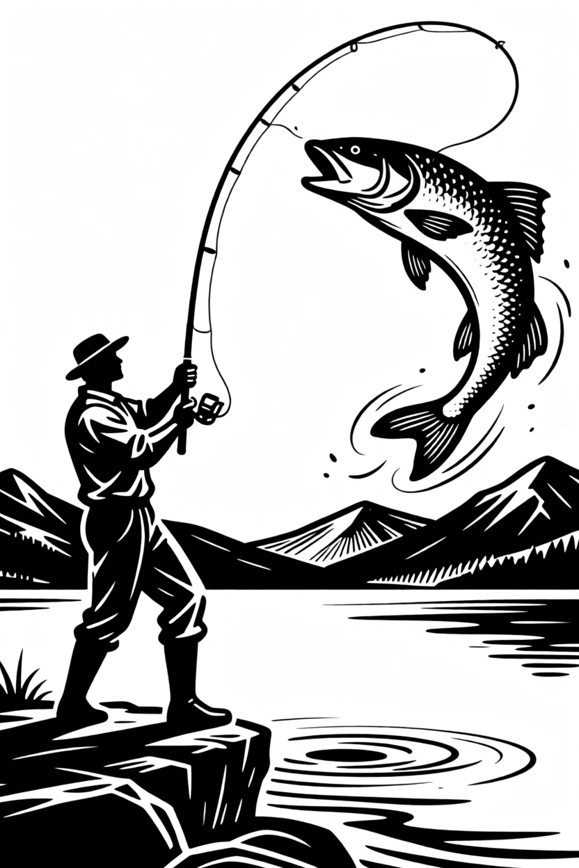 A fisherman reeling in a leaping fish on a calm mountain lake.