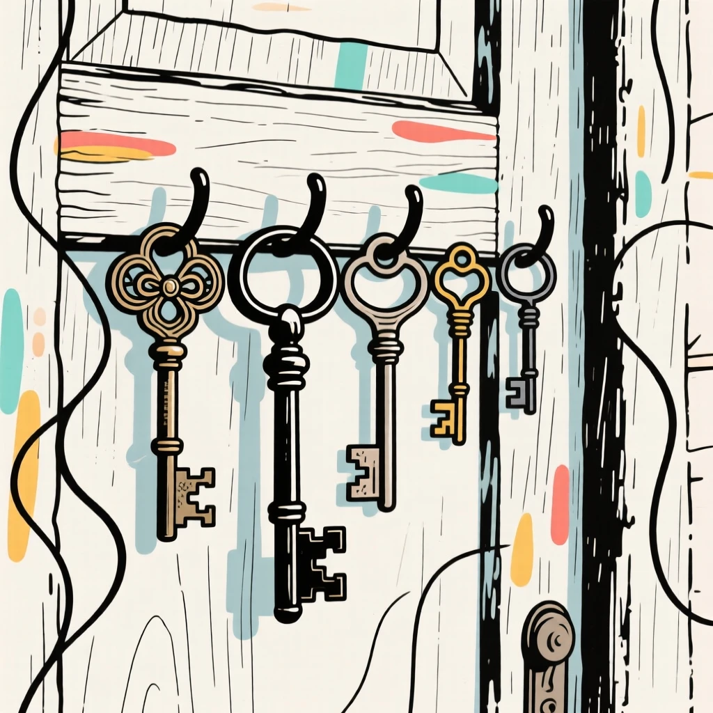 A collection of antique keys hanging on hooks beside a wooden door.