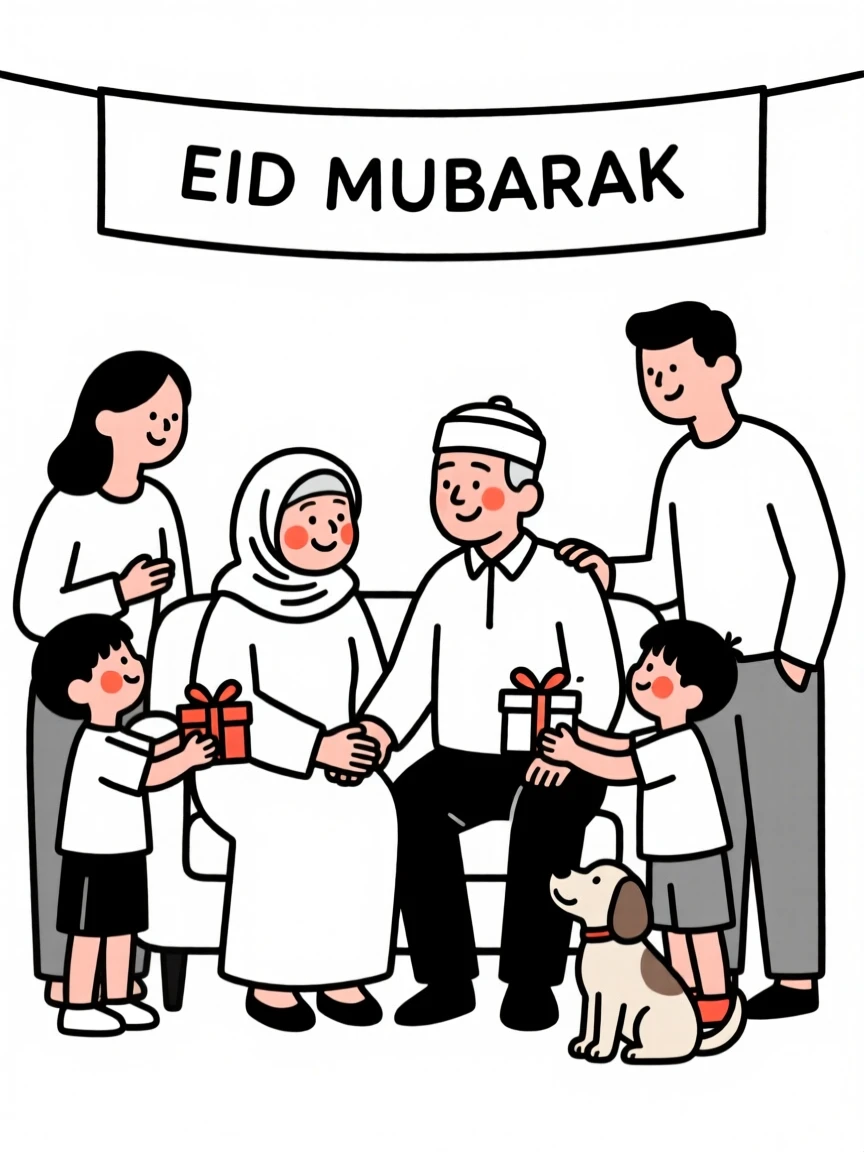 An elderly couple celebrating Eid with family.