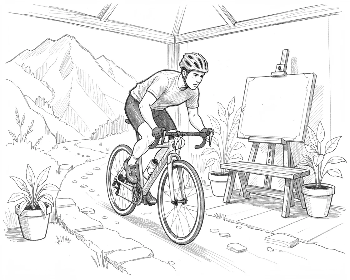 A cyclist racing down a mountain trail, in a peaceful garden studio, with total calm and concentration.