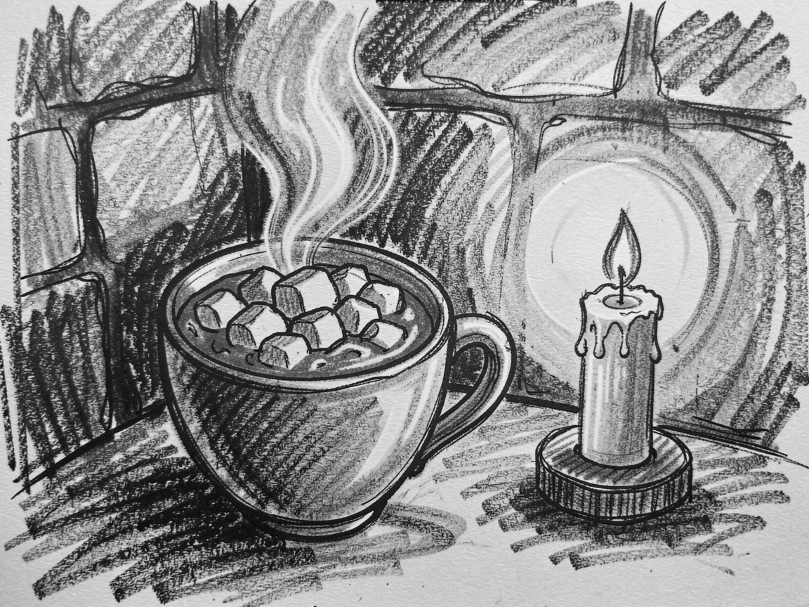 A cup of hot cocoa with marshmallows beside a fireplace, as soft candlelight flickers nearby.