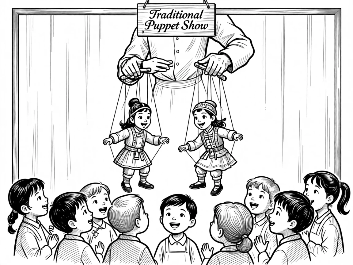 A traditional puppet show performance delighting a crowd of children.