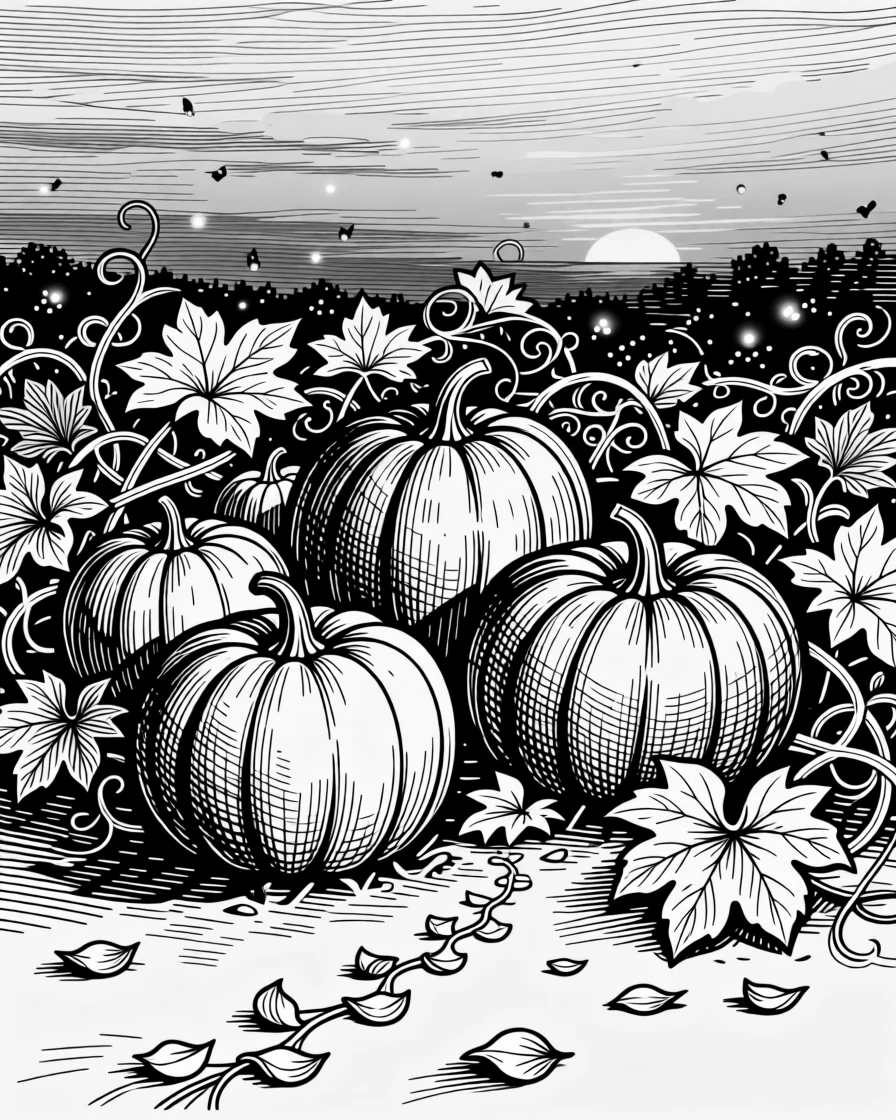A pumpkin patch under a golden autumn sky as fireflies begin to appear at dusk, with a trail of fallen petals scattered on the ground, capturing a cheerfully celebratory seasonal moment.