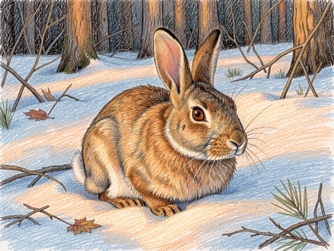 A snowshoe hare camouflaged against a snowy forest floor, bathed in the warm glow of golden-hour light, evoking warmth, beauty, and a lasting sense of wonder.