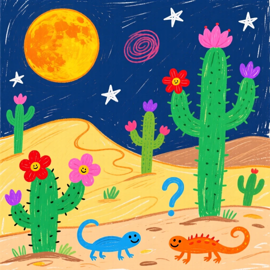 A desert dotted with blooming cacti beneath a full harvest moon.