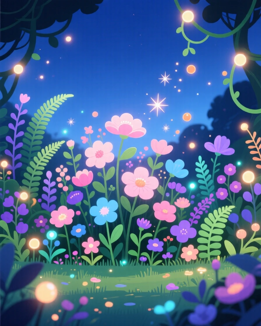 A enchanted garden where flowers glow softly in the twilight, surrounded by glowing flowers and luminescent plants, framed to capture both grandeur and delicate magical detail, with subtle magical particles drifting through the air.