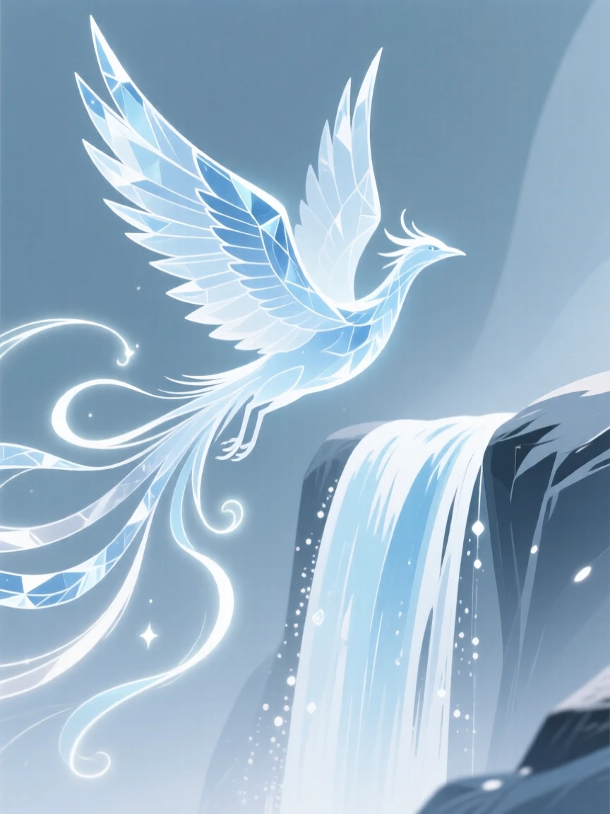 An ice phoenix weaving spells of light near an enchanted waterfall.