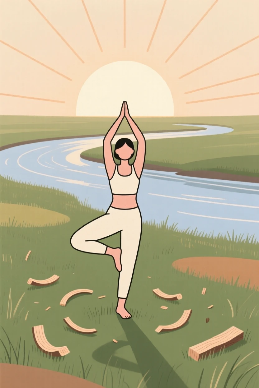 A person practicing yoga at sunrise in a riverside meadow, surrounded by wood shavings, showing peaceful absorption.