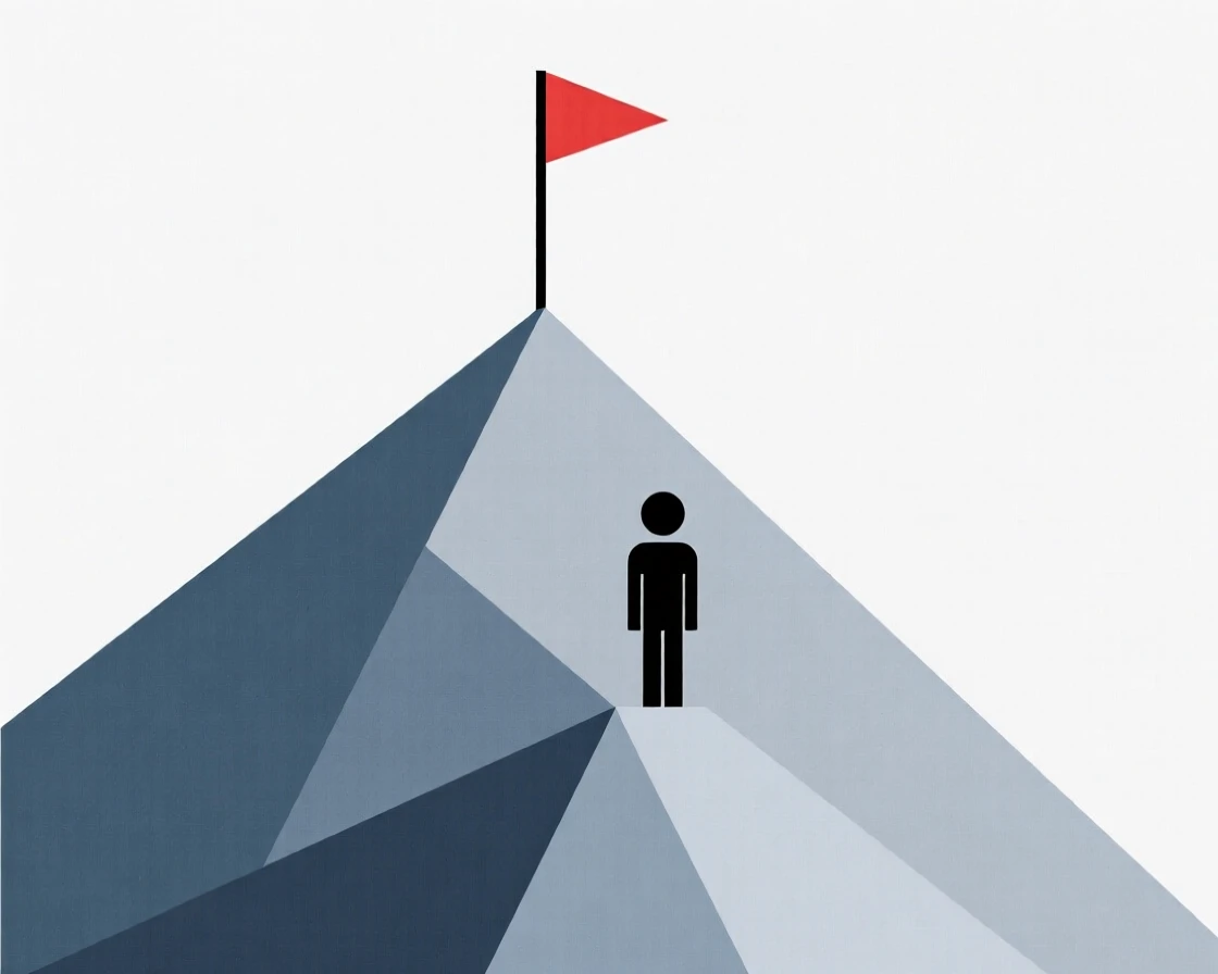 A mountain summit reached after a long climb