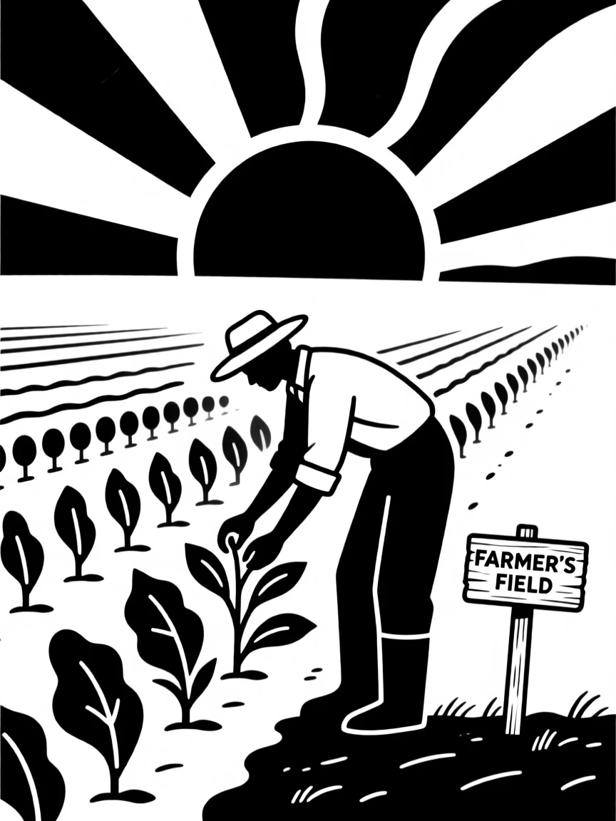 A farmer tending to crops at sunrise.
