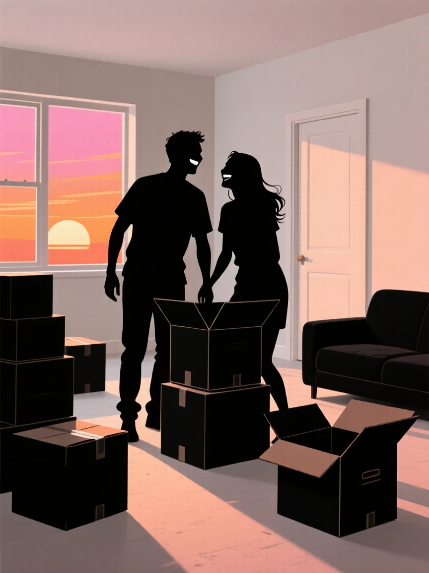 A couple unpacking moving boxes in an empty living room, both smiling.