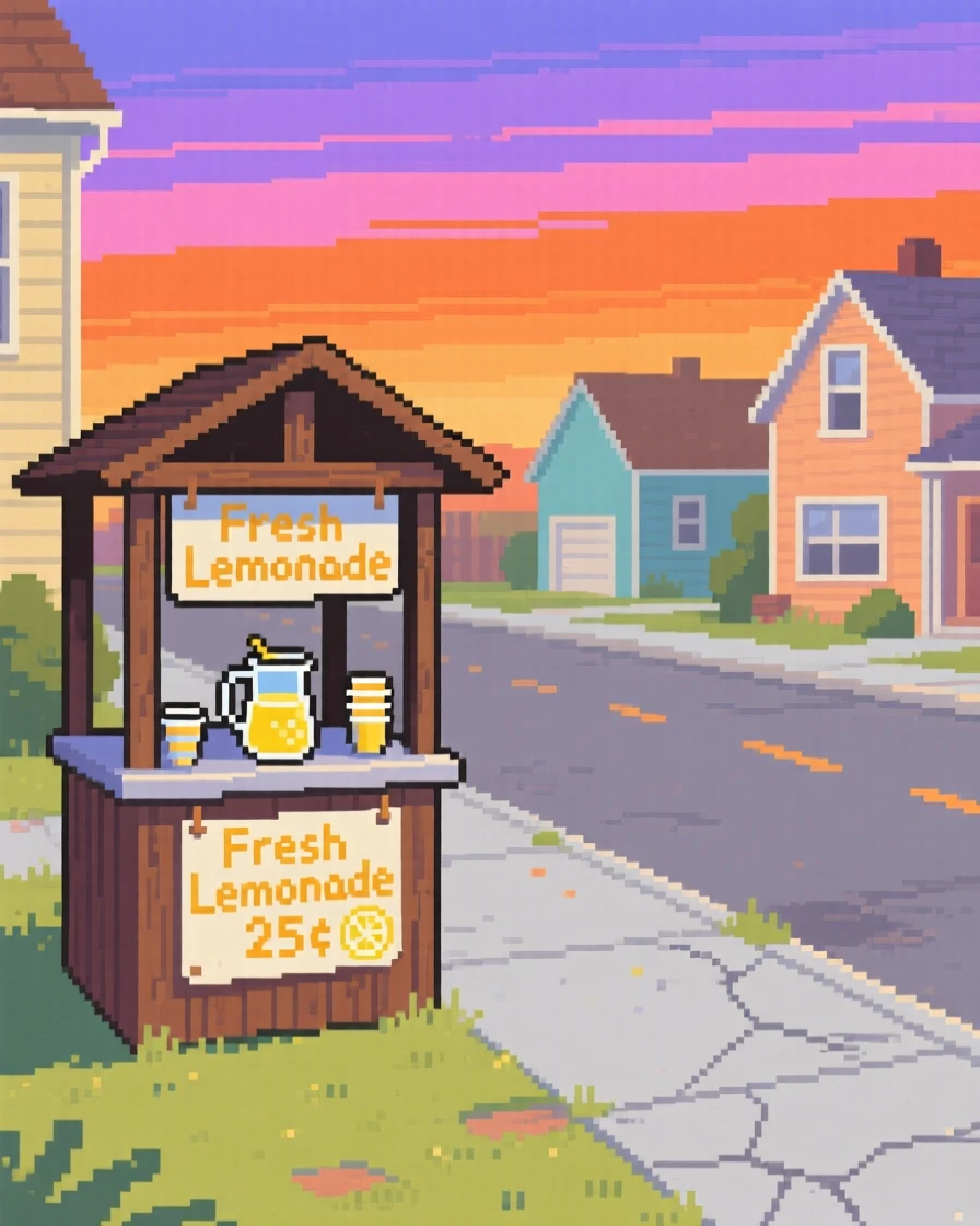 A lemonade stand on a sunny sidewalk under a sky streaked with the colors of dusk, on a quiet suburban street in the 1980s.