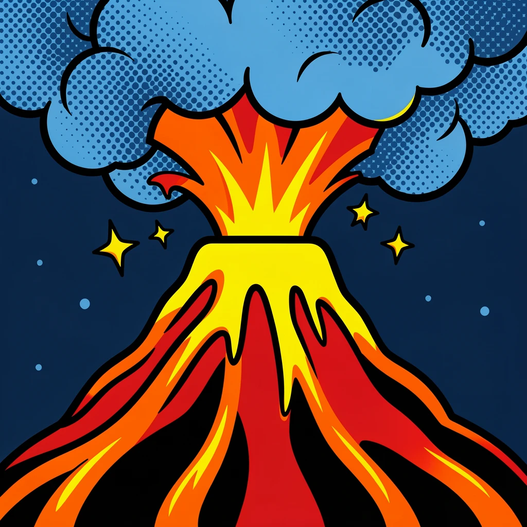 An erupting volcano lit at night