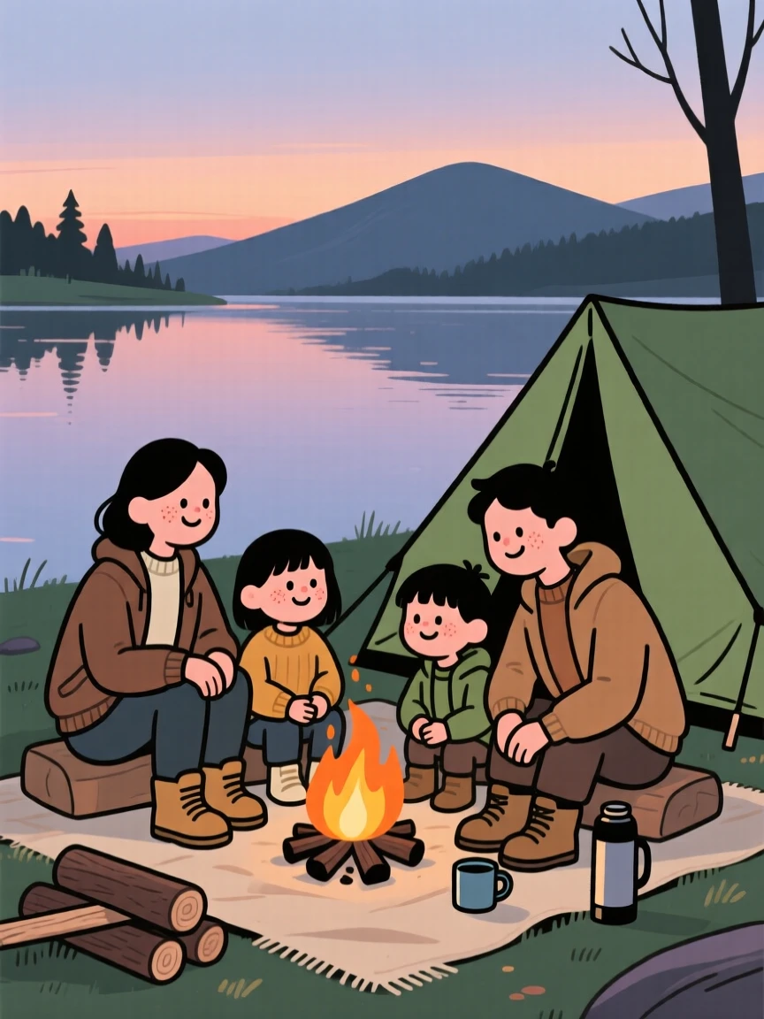 A family sets up camp beside a quiet lake as the last light of day fades behind the mountain ridge, sharing stories around a small fire.
