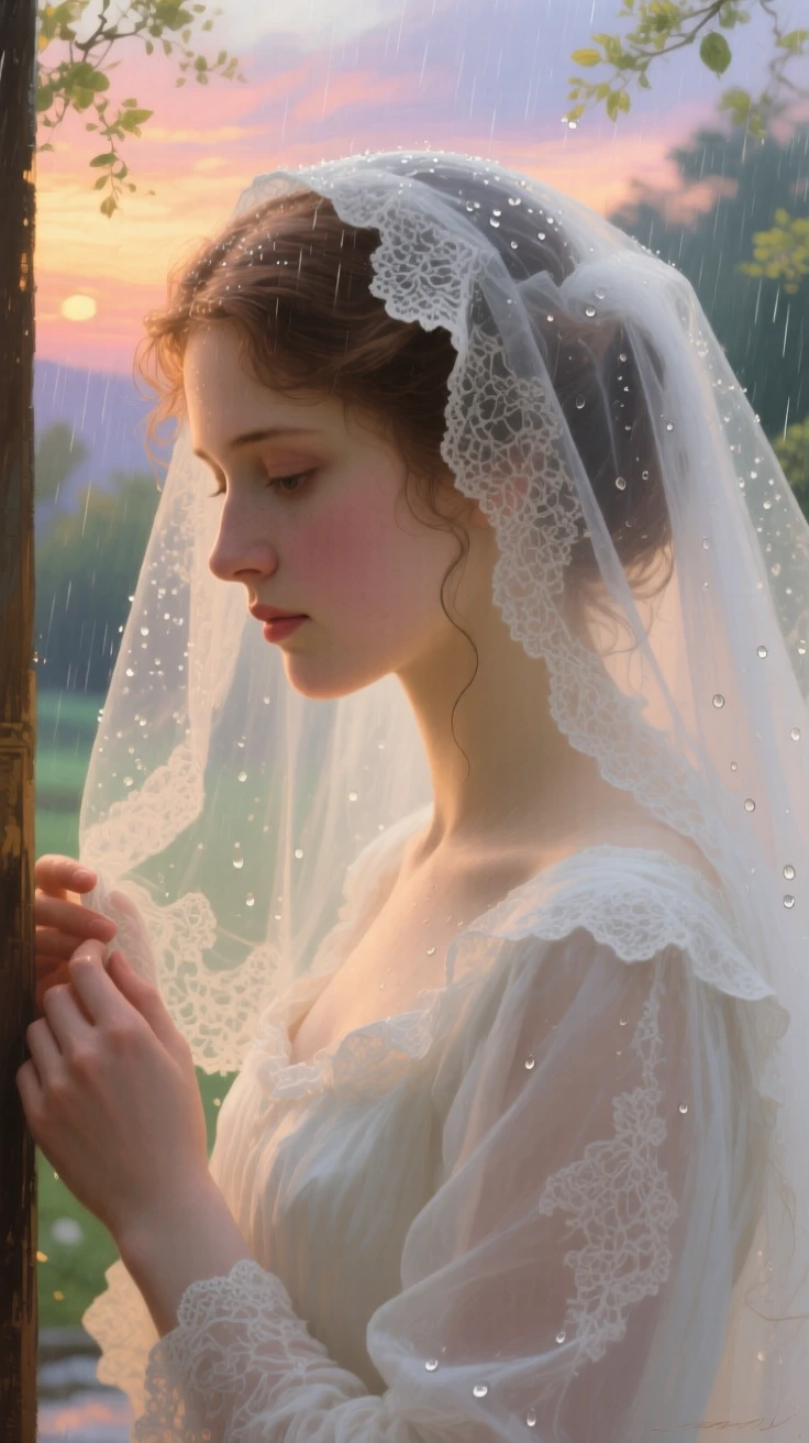 A close-up portrait of a bride adjusting her veil before stepping outside, during a gentle spring shower, in the last light of sunset.