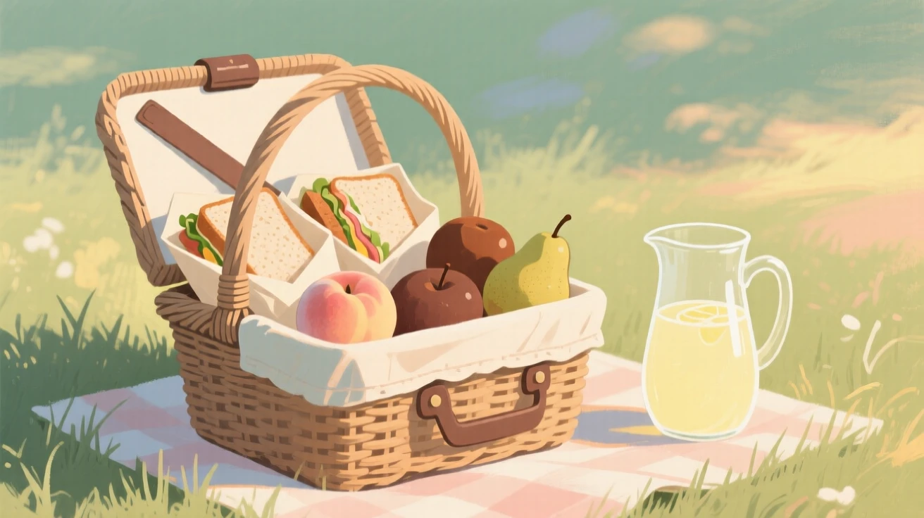 A picnic basket packed with sandwiches, fruit, and lemonade