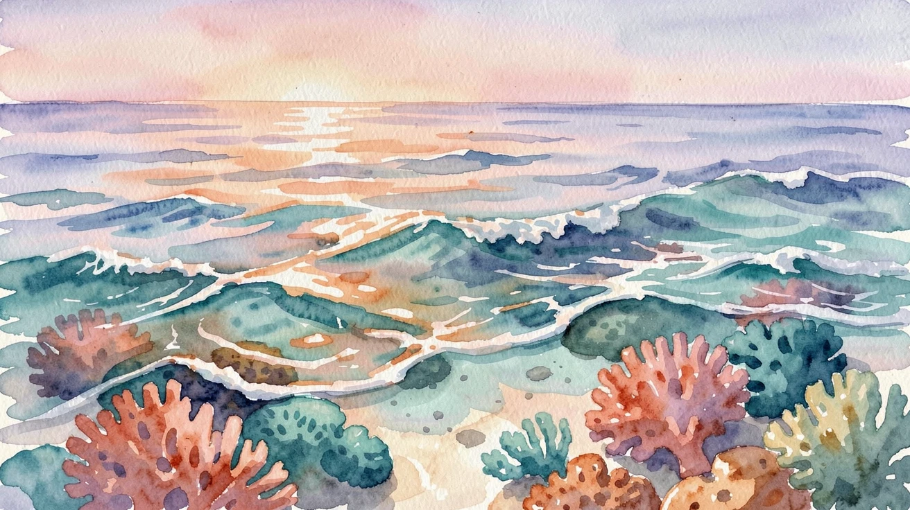 A coral reef seen from above the water during a soft sunrise with gentle waves lapping the shore.