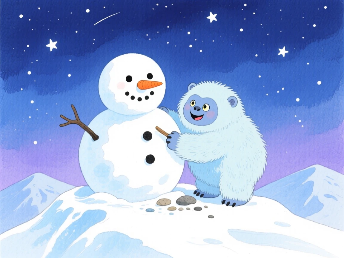 A chubby baby yeti builds a snowman twice its own size on a snowy mountaintop under starlight