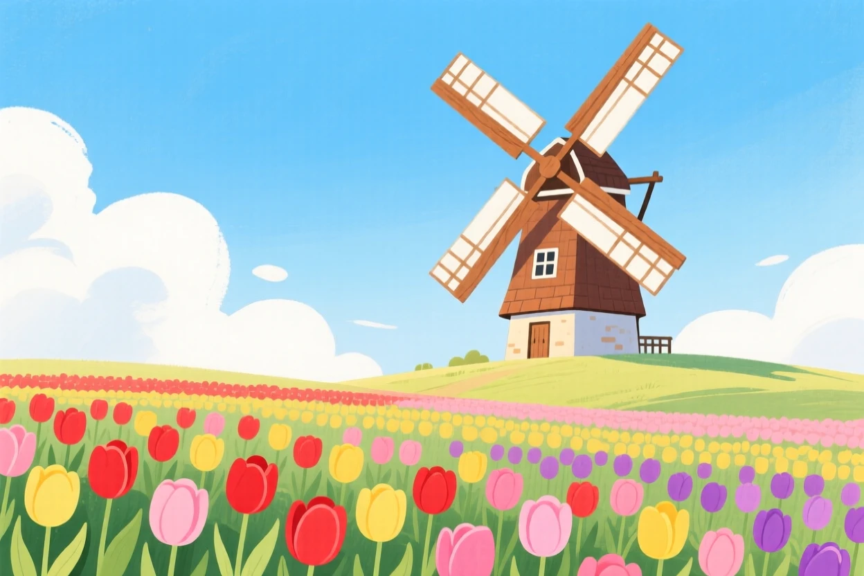 A peaceful view of a windmill overlooking a tulip field.