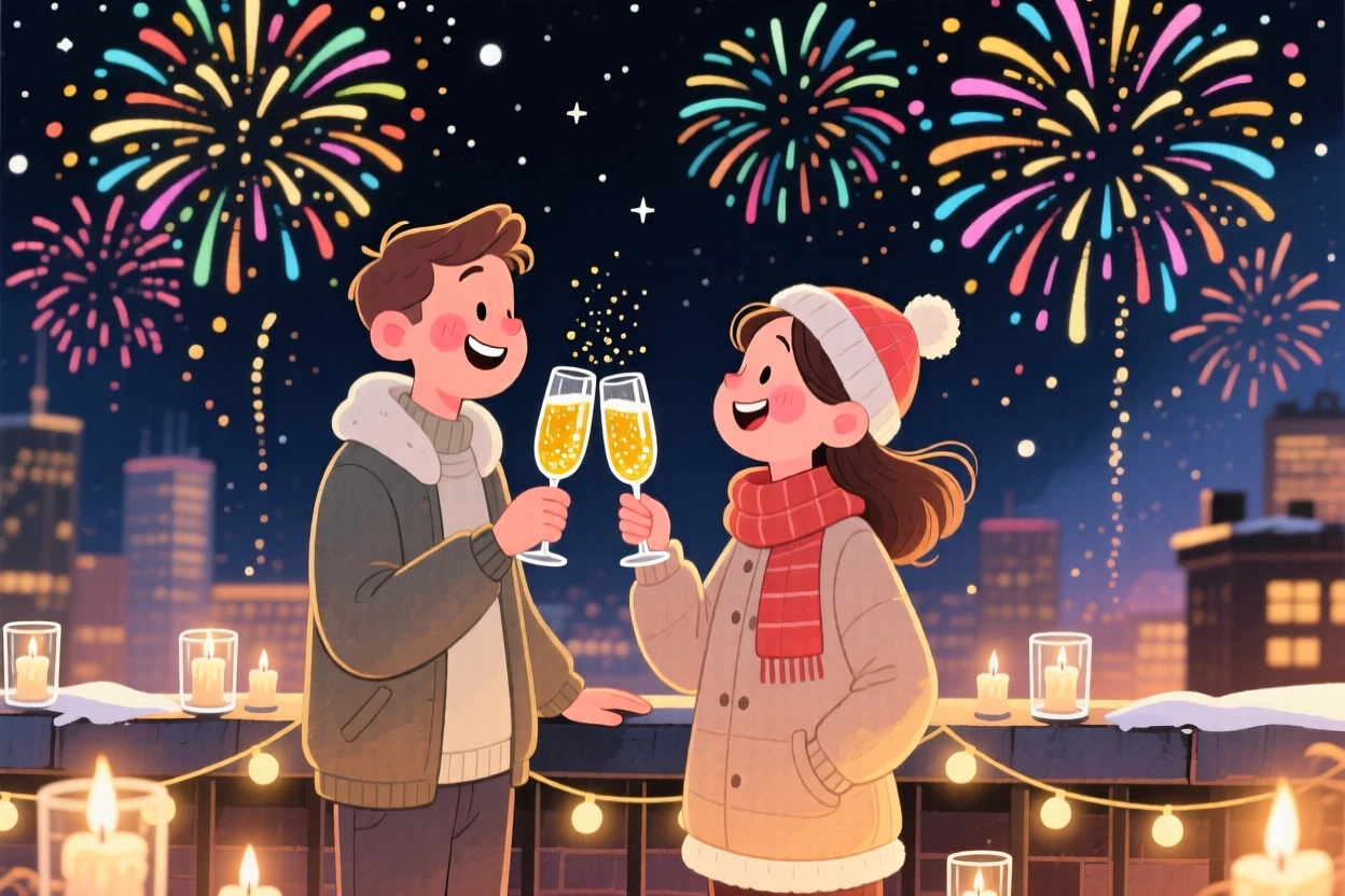 A couple toasting champagne at midnight on New Year's Eve, in a rooftop lit by fireworks against the night sky, with the golden glow of candlelight flickering softly, evoking hopeful excitement for a new beginning.