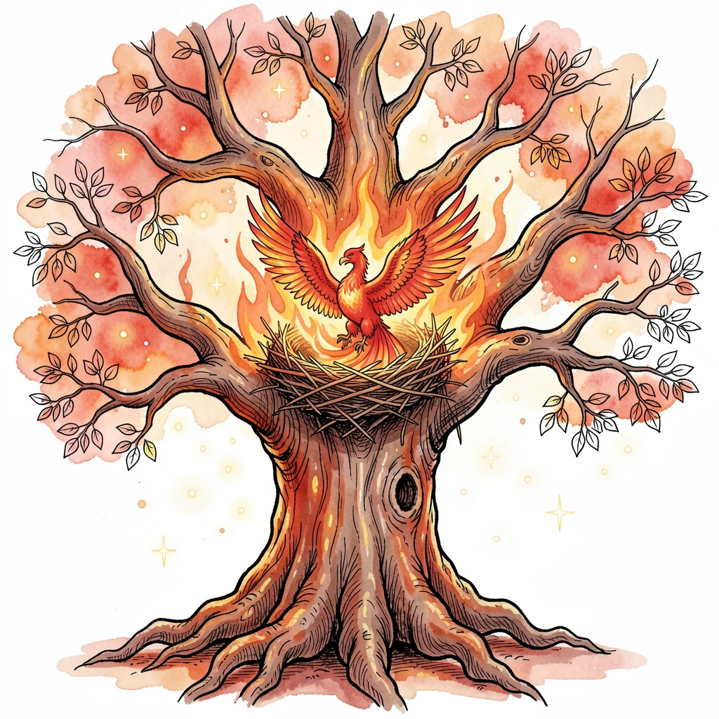 A phoenix nest cradled in the branches of a burning yet unconsumed tree, stars or glowing motes drifting gently through the air.