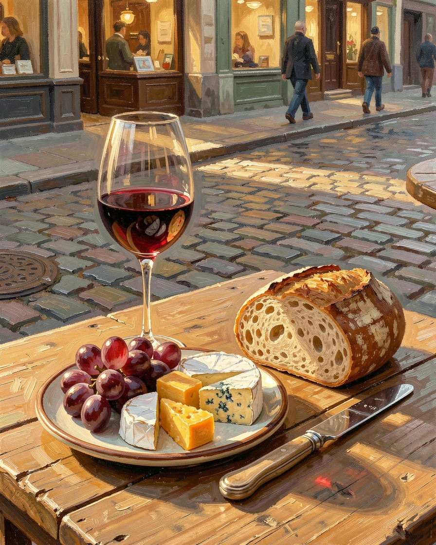A wine glass beside a plate of cheese and grapes, a knife resting beside a freshly cut loaf, at an outdoor cafe table overlooking a cobblestone street, at golden hour, light spilling across the table.