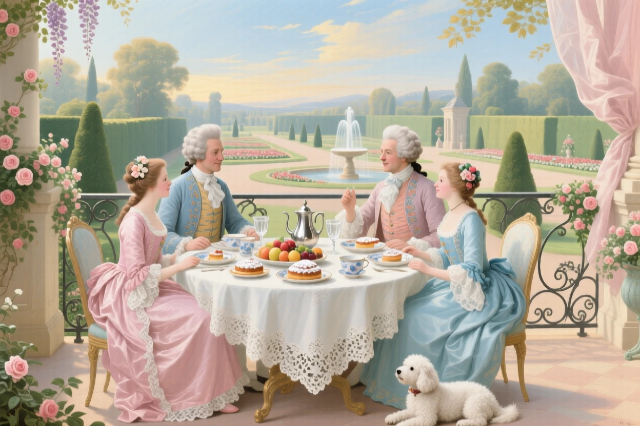 A noble family at breakfast beside a balcony overlooking formal gardens  