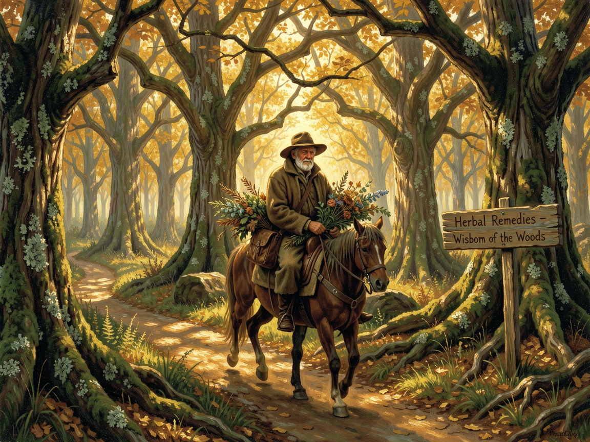 An old herbalist rides along a path in an ancient moss-covered forest beneath a canopy glowing gold in autumn.