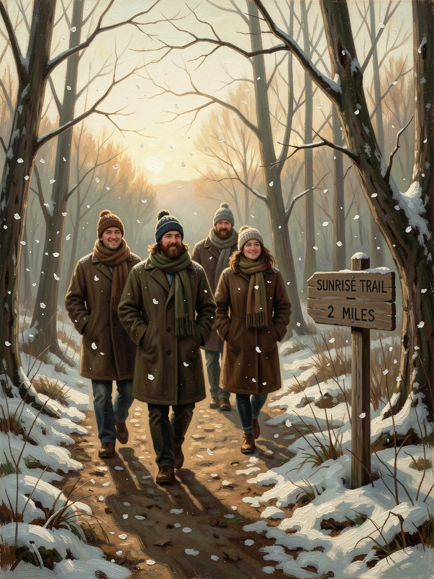 A New Year's Day sunrise hike with friends bundled in warm coats, as soft snow or flower petals drift gently through the air, offering a joyful, memorable seasonal scene for any collection