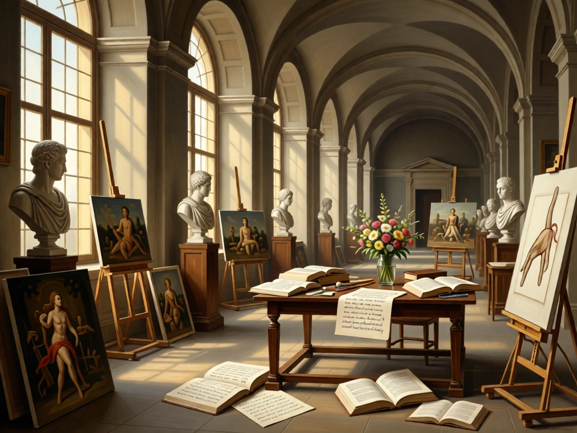 An artist's grand studio filled with half-finished canvases and marble busts catching the first light of morning through tall windows, set inside a grand academy of art and learning, with fresh flowers, open books, and half-finished correspondence scattered about; symmetry and repetition of arches create a sense of timeless order, radiating history, refinement, and permanence.