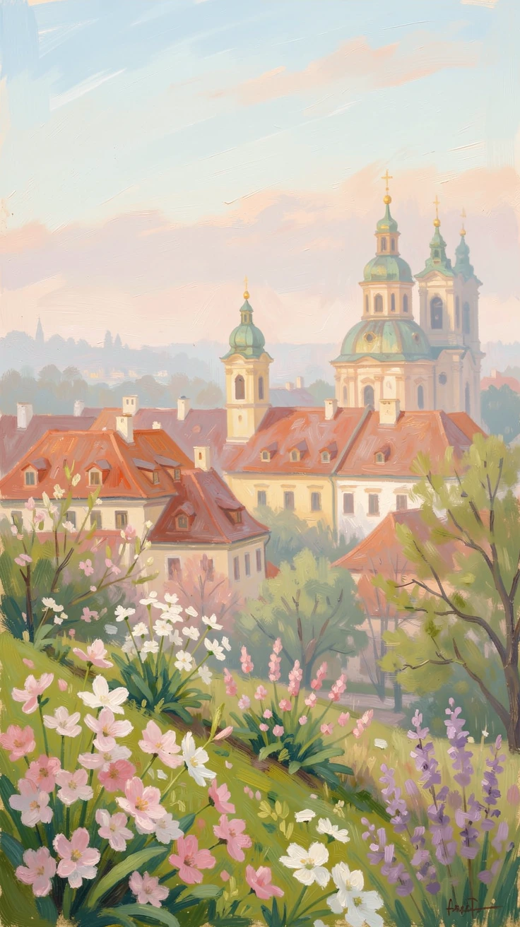 The colorful rooftops and church domes of Prague seen from a hillside garden in spring bloom, in the gentle hush of early morning.