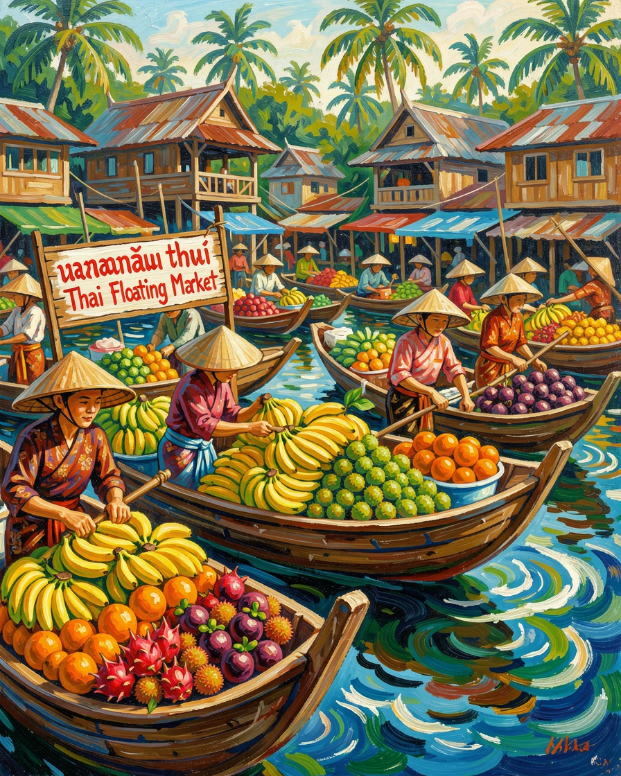 A vibrant floating market in Thailand with boats piled high with tropical fruit.