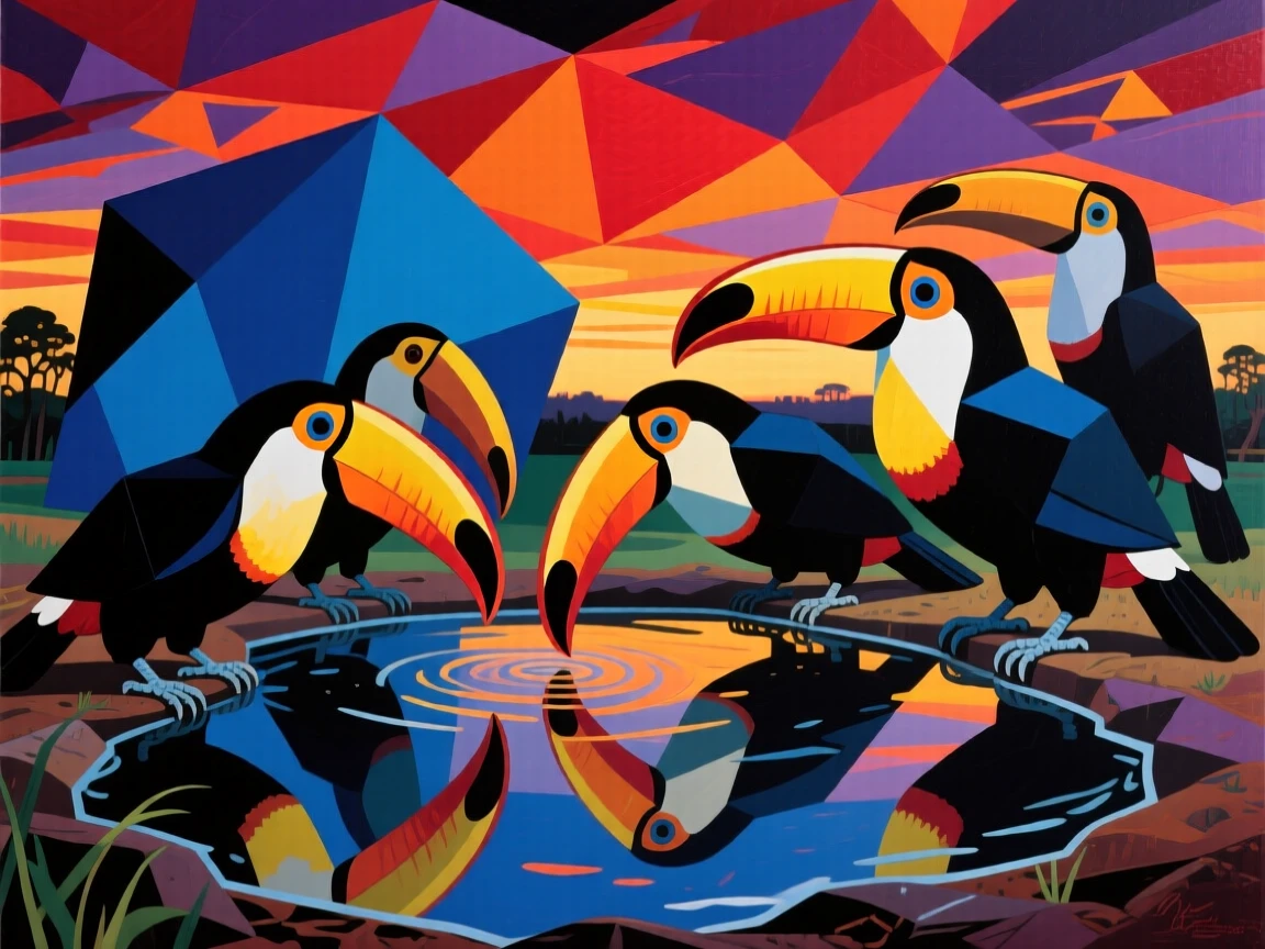 A striking view of a toucan gathering near a watering hole at dusk beneath a dramatic sky.