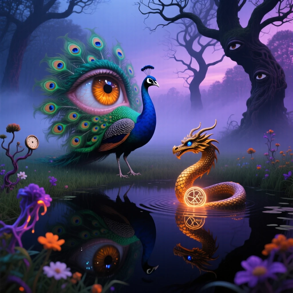 A peacock whose tail feathers open into a field of eyes moves silently through a fog-covered meadow, while its reflection shows a completely different creature.